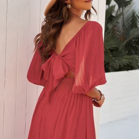 Women's Dresses Lantern Sleeves Dress; Square Neck Ruffle Back Lace Up Summer Dress; Women's Clothing (Color: Red, size: XXL(14))