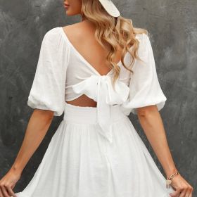 Women's Dresses Lantern Sleeves Dress; Square Neck Ruffle Back Lace Up Summer Dress; Women's Clothing (Color: White, size: XXL(14))