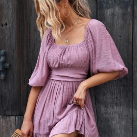 Women's Dresses Lantern Sleeves Dress; Square Neck Ruffle Back Lace Up Summer Dress; Women's Clothing (Color: Violets, size: XL(12))