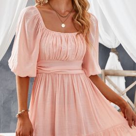Women's Dresses Lantern Sleeves Dress; Square Neck Ruffle Back Lace Up Summer Dress; Women's Clothing (Color: Pink, size: XXL(14))