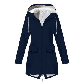 Autumn and winter new women's plus velvet jacket outdoor mountaineering clothes hooded jacket waterproof coat (Color: Dark blue, size: XL)