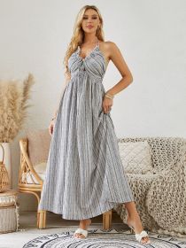 Bohemian Halter Maxi Dress - Women's Summer Striped Sleeveless Flowy Beach Dress (Color: Grey, size: M)