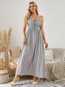 Bohemian Halter Maxi Dress - Women's Summer Striped Sleeveless Flowy Beach Dress (Color: Grey, size: XS)