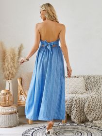 Bohemian Halter Maxi Dress - Women's Summer Sleeveless Flowy Beach Dress (Color: DarkBlue, size: XS)