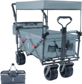 Collapsible Wagon Heavy Duty Folding Wagon Cart with Removable Canopy, 4" Wide Large All Terrain Wheels, Brake, Adjustable Handles (Color: Gray)