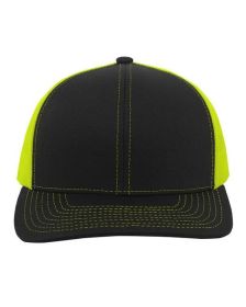 Pacific Headwear 104C Trucker Snapback Hat (Color: BLACK/ NEON YLLW, size: OS)