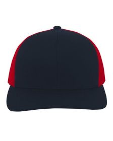 Pacific Headwear 104C Trucker Snapback Hat (Color: NAVY/ RED, size: OS)