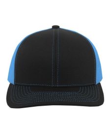 Pacific Headwear 104C Trucker Snapback Hat (Color: BLACK/ NEON BLUE, size: OS)