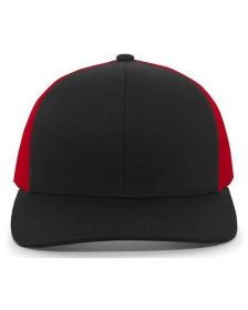 Pacific Headwear 104C Trucker Snapback Hat (Color: BLACK/ RED/ BLK, size: OS)