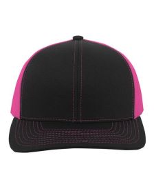 Pacific Headwear 104C Trucker Snapback Hat (Color: BLACK/ PINK, size: OS)